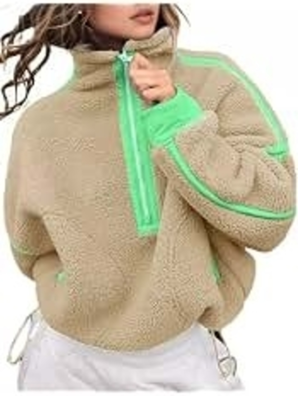 FP Movement by Free People Beige Sherpa Pullover with Neon Green Trim